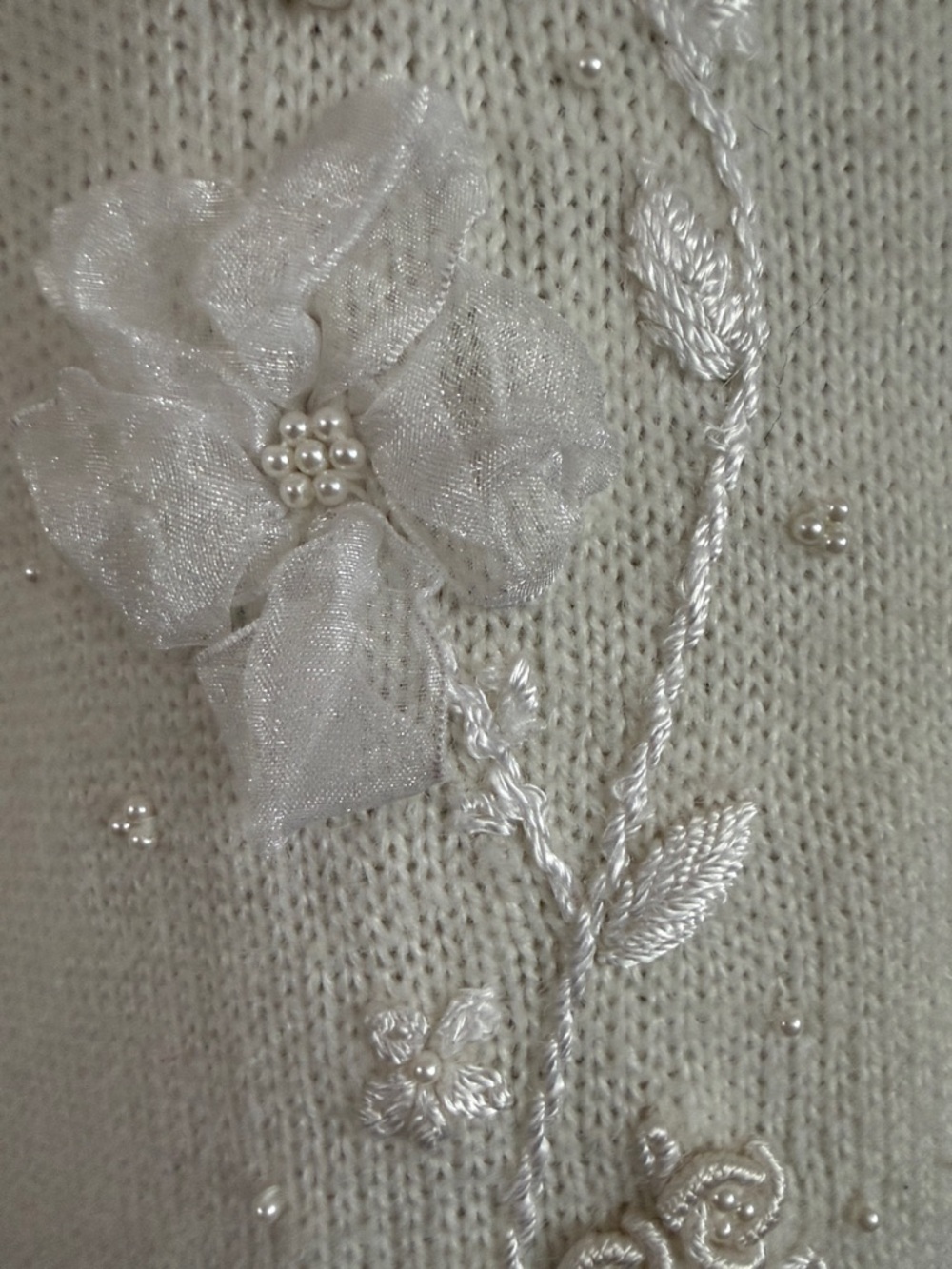 Vintage 80s/90s Koret Ivory Sweater 3D Floral Pearl Bead Embroidery Sz M - Picture 5 of 12
